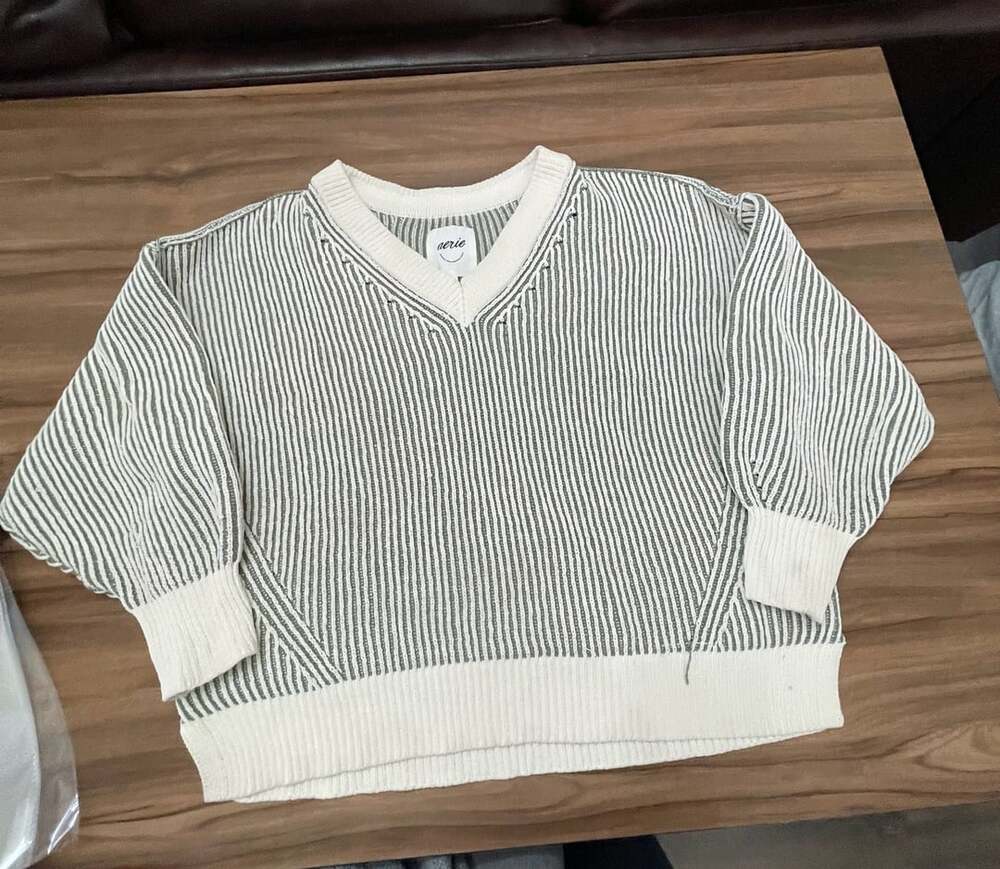 Aerie Bistro Oversized Sweater Size L Olive Green White Striped